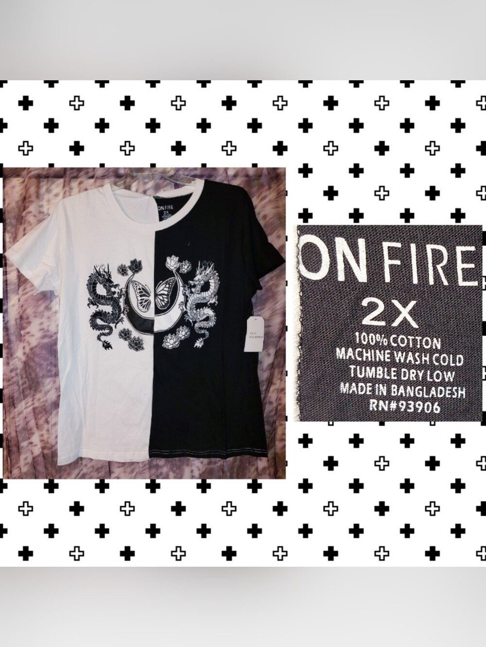 On Fire Blk & Wht Colorblock 2 Dragons & Butterfly Graphic Print Knit T-Shirt 2X